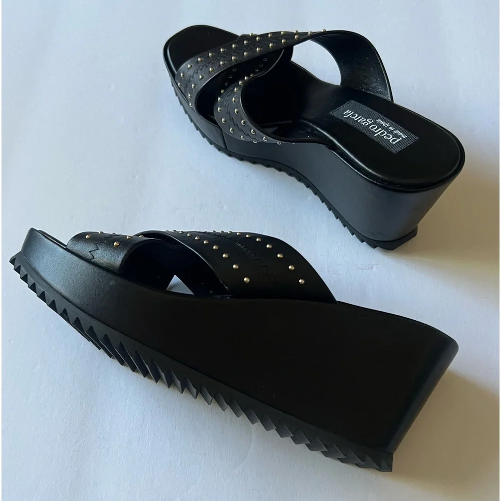 PEDRO GARCIA LEATHER CROSS STRAP PLATFORM WEDGE SANDALS BLACK SIZE 9.5 NWOT